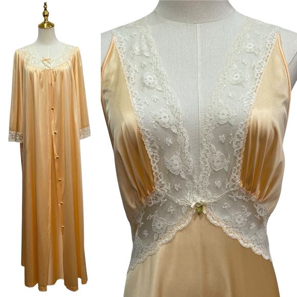 Vintage 80s JC Penny’s Orange Nylon Lacy Nightgown & Robe Peignoir Set size L - Picture 1 of 7